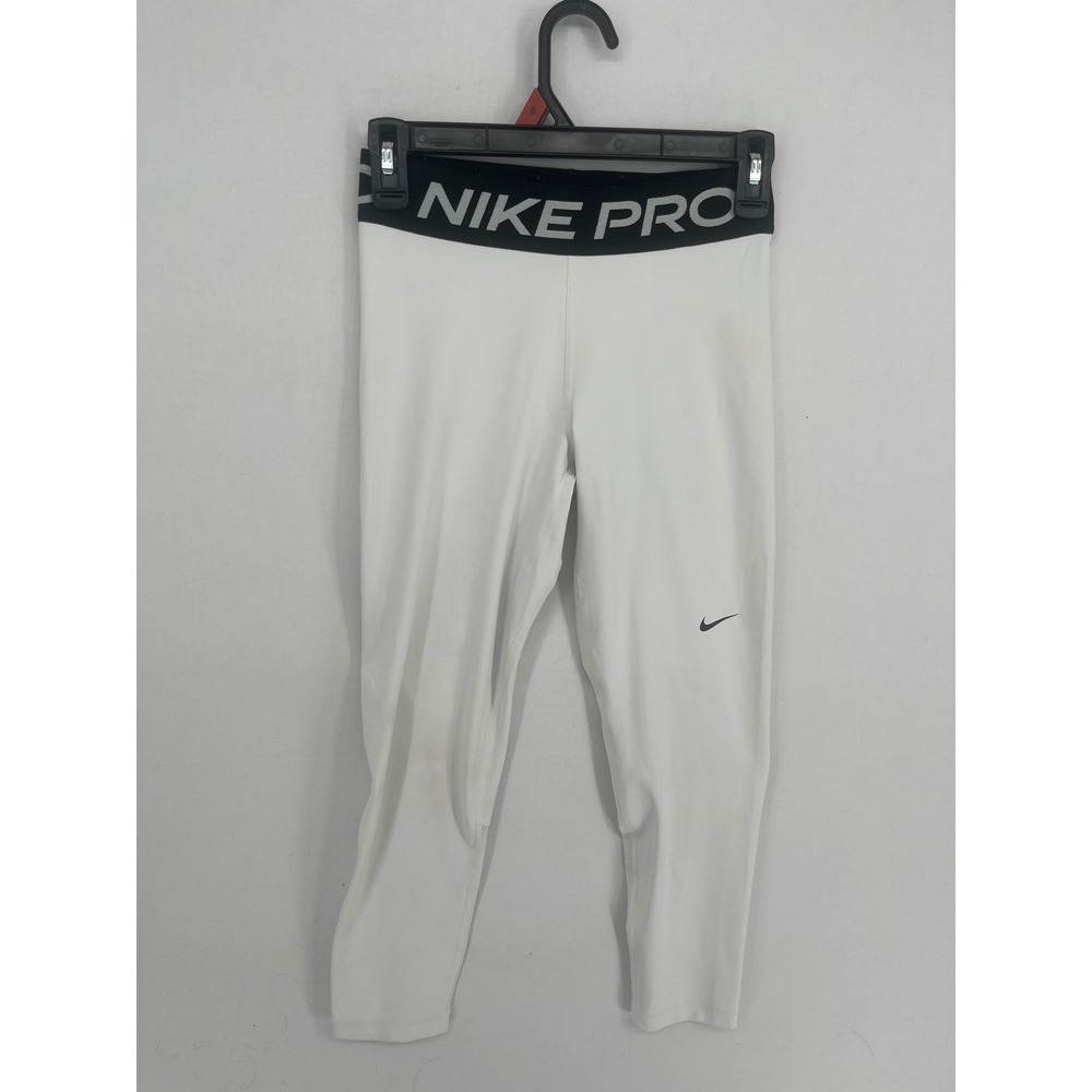 Nike Pro Dri-FIT Leggings Womens Small White Black Logo Waistband Crop Tights